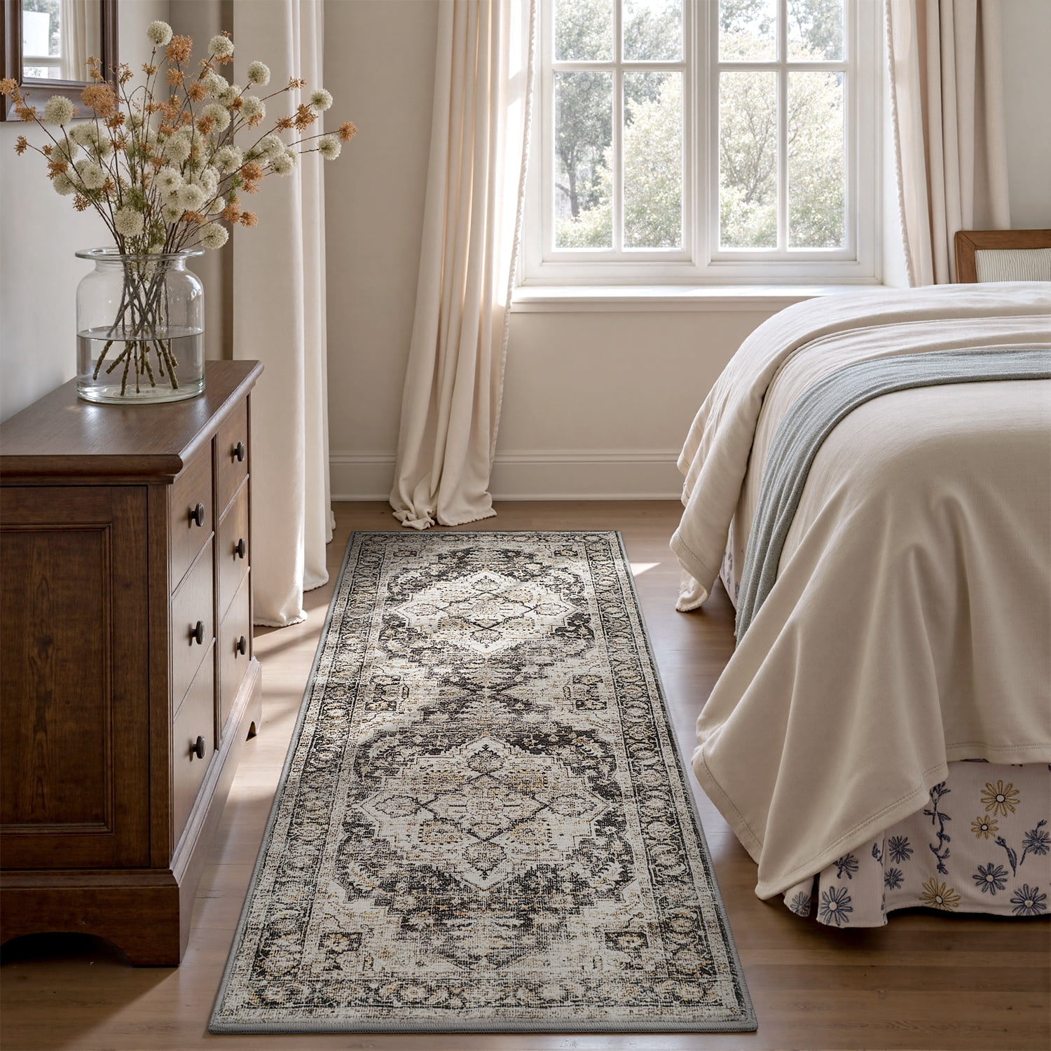 SIXHOME 3-Piece Kitchen Rugs and Runner Set Washable Vintage Kitchen Mat Non-Slip Low-Profile Rugs for Kitchen Sink Laundry Bedside 20"x32"+20"x48"+20"x59" Black