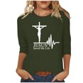 thumbnail image 2 of HOMBOM Army Green Cute Tops For Women Y2k 3/4 Sleeve Crew Neck Shirts Easter Cross Print Easter Clothes Women L, 2 of 4