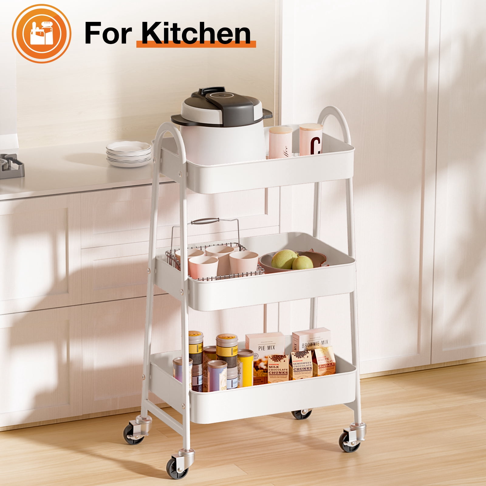 3-Tier Rolling Metal Storage Cart with Locking Casters, Utility Organizer for Kitchen, Bathroom, Laundry, and Office