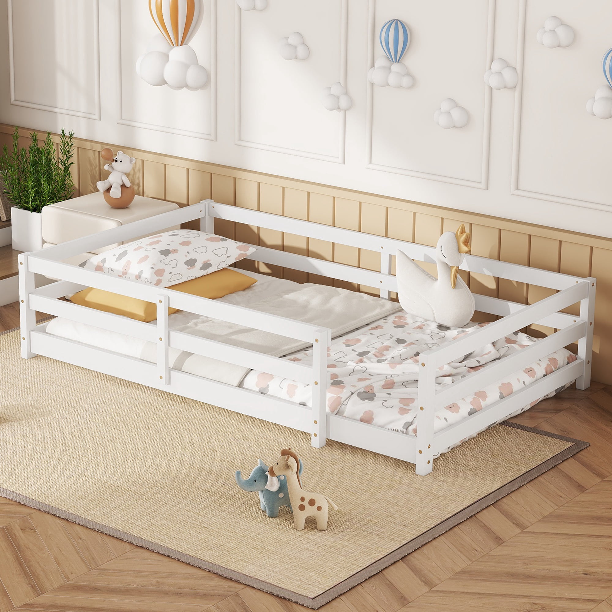 Sesslife Twin Size Floor Bed with Door and Fence, Wood Twin Floor Platform Bed with Slats, Toddler Bed for Kids Boys Girls, Montessori Bed, No Box Spring Needed, White