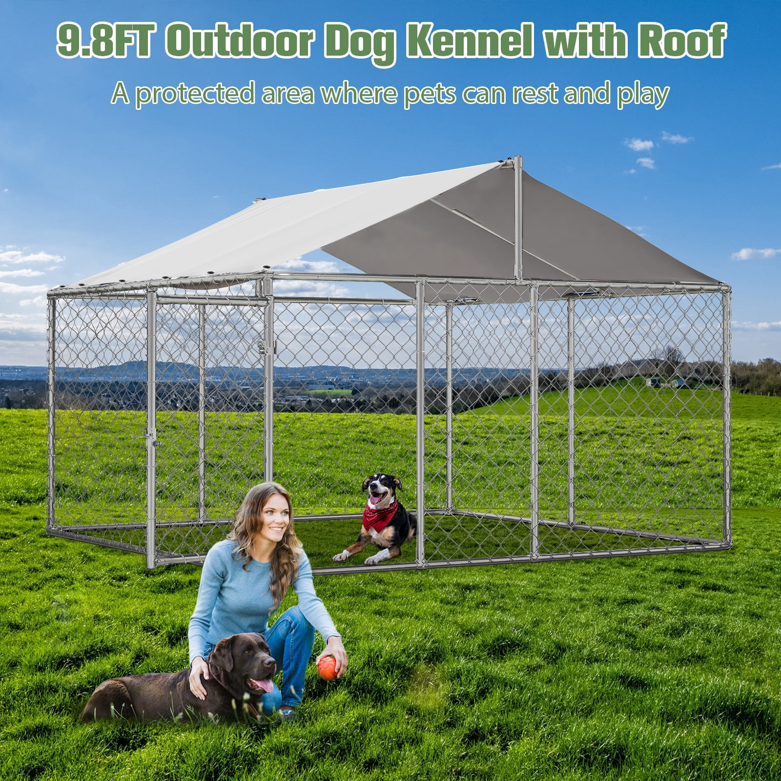 RocVanc 10'x10' Outdoor Dog Kennel with Metal Dog Gate, Outdoor Dog Enclosure with Roof, Heavy Duty Dog Kennel for Outdoor Backyard Farm