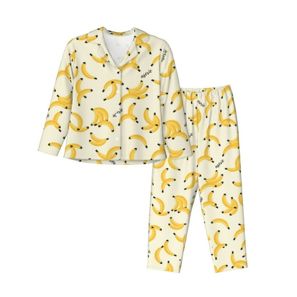 Saiise Banana Pattern Women's Long-Sleeved Pajama Set Button Front Sleepwear with Pockets Lounge Set for Home Relax Nightwear-X-Large