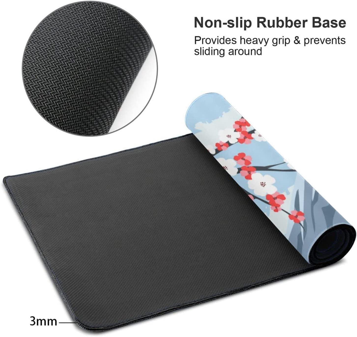 Japanese Cherry Blossom Gaming Mouse Pad XL, Extended Large Full Desk Mousepad 31.5 X 11.8 Inch, Waterproof Big Mouse Pad Edge, Non-Slip Long Keyboard Mat Office & Home Caburywe, Blue Mouse Pad