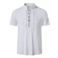 thumbnail image 1 of Camisa de manga corta de algodón y lino para hombre - Cuello alto Henry, estilo playero/medieval, tallas S-XL, tejido de lino, 1 of 7