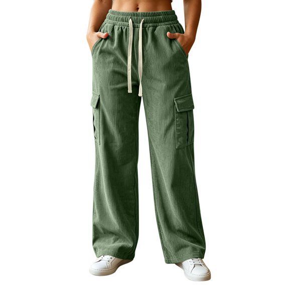 Sevevn Women's Straight Wide Leg Corduroy Cargo Pants Elastic Drawstring Waist Trousers With Side Cargo Pockets Soft Retro Texture Versatile Street Daily Wear