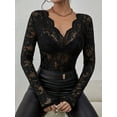 thumbnail image 4 of Lace Mesh Top for Women Long Sleeve V-Neck Sheer Blouse See Through Floral Lace Tops Black M, 4 of 6