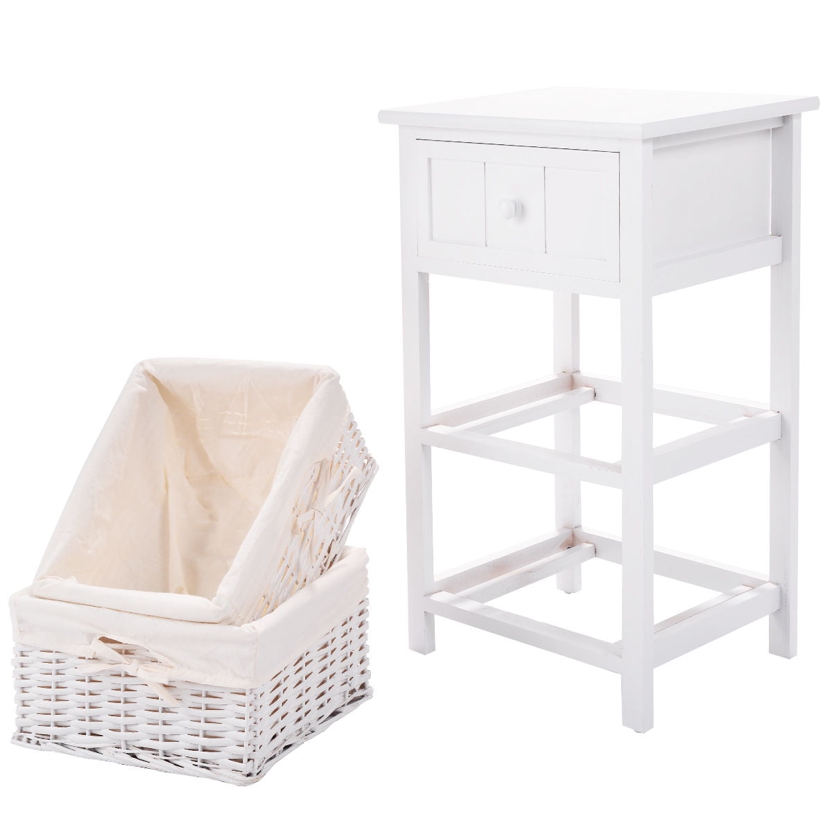 Costway Night Stand 3 Layer 1 Drawer Bedside End Table Organizer Wood W 2 Basket