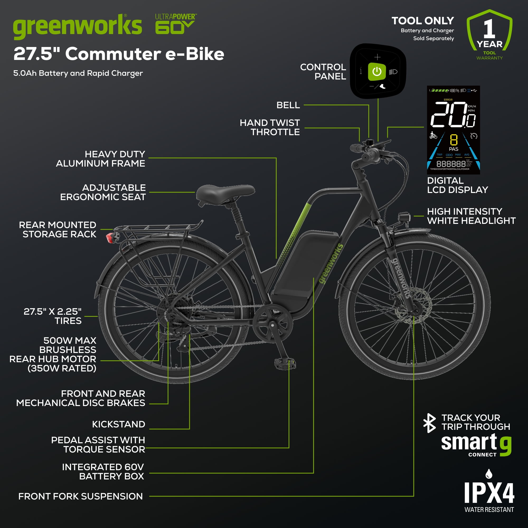 Greenworks 60V Electric Commuter Bike for Adults, 27.5" Tires, 500W Peak Motor (Bike Only, Battery and Charger Not Included)
