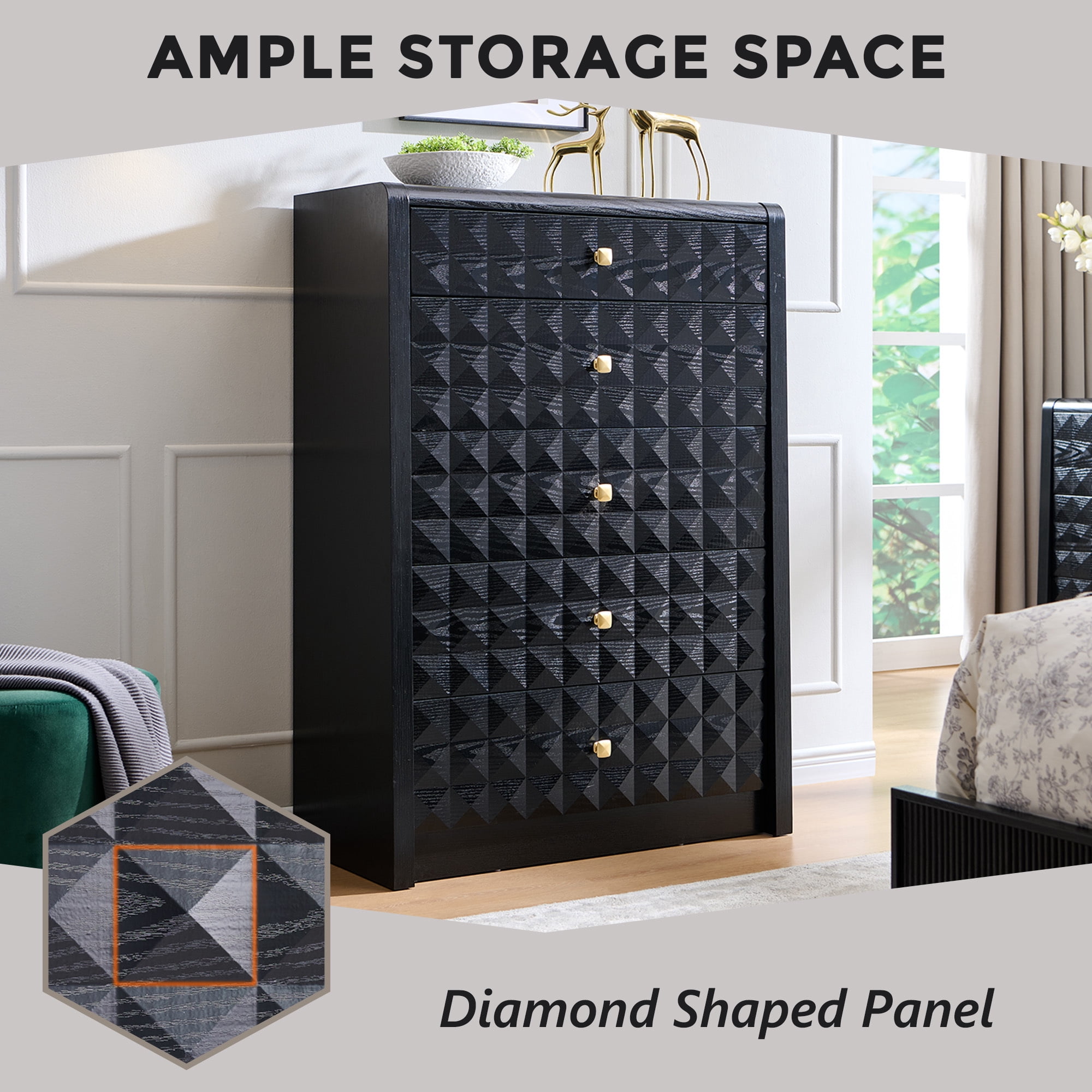 wow97e Modern 5 Drawer Dresser for Bedroom, Wooden Tall Dressers & Chests of Drawers w/Diamond Panel Decorate, Black