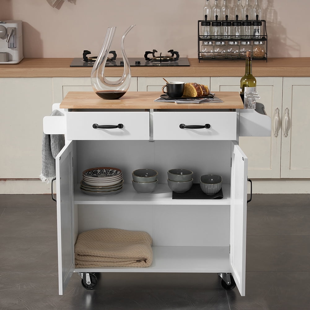 Kadyn Kitchen Island Cart, MDF Rubber Wood Dining Car with 2 Doors and 2 Drawers, Moveable Kitchen Cart for Kitchen, White Kadyn Kitchen Island Cart, MDF Rubber Wood Dining Car with 2 Doors and 2 Drawers, Moveable Kitchen Cart for Kitchen, White