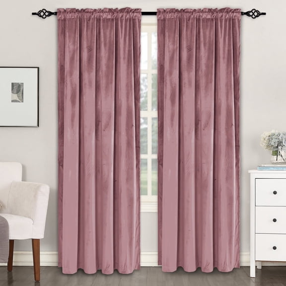 XWZO Velvet Blackout Curtains 84 inches with Tiebacks, Rod Pocket Room Darkening Curtain Drapes, 52"W x 84"L, Wild Rose, 2 Panels