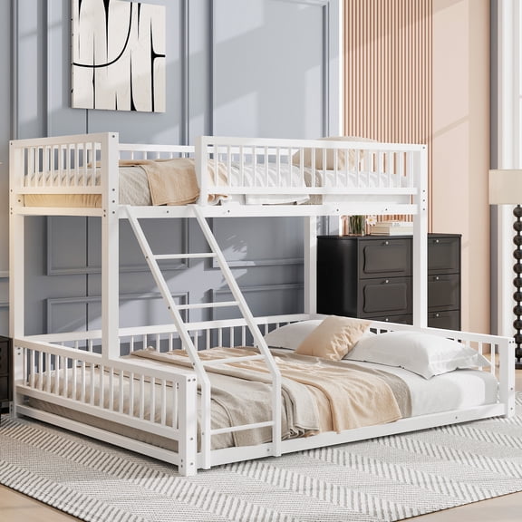 Leumius Twin XL over Queen Bunk Bed,Heavy Duty Metal Bunk Beds for Adults and Kids,Floor Bed Frame with Ladder and Safety Guardrails, Easy Assemble,White