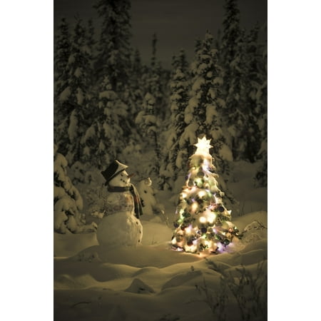 Snowman Stands In A Snowcovered Spruce Forest Next To A Decorated Christmas Tree In Wintertime Canvas Art - Kevin Smith  Design Pics (11 x