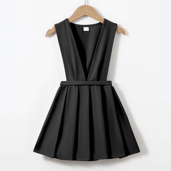 Girls Dresses Back to School Solid Color Pleated Suspender Dress Kids Sleeveless Uniform Dress Size 2-3Y