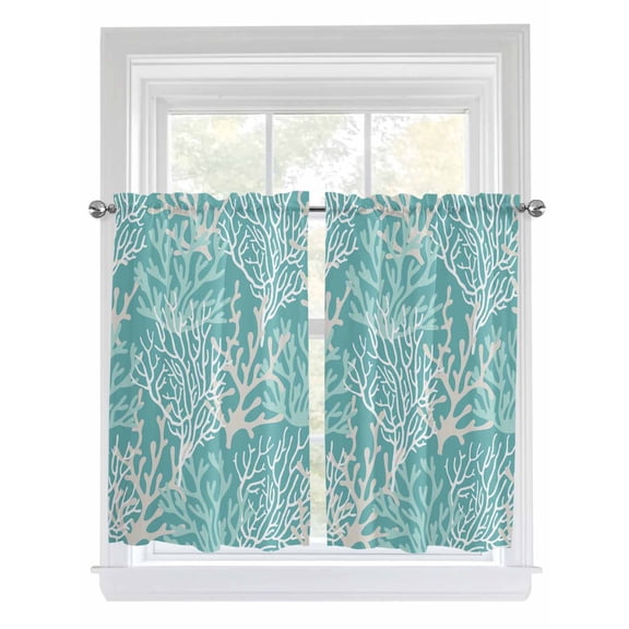 Tier Curtains 45 Inches Long, Teal Coral Coastal Window Treatment Curtain Drapes, Ocean Nautical Seaside Beach Window Half Privacy Curtains for Bedroom Bathroom, 42"x45", 2 Panels