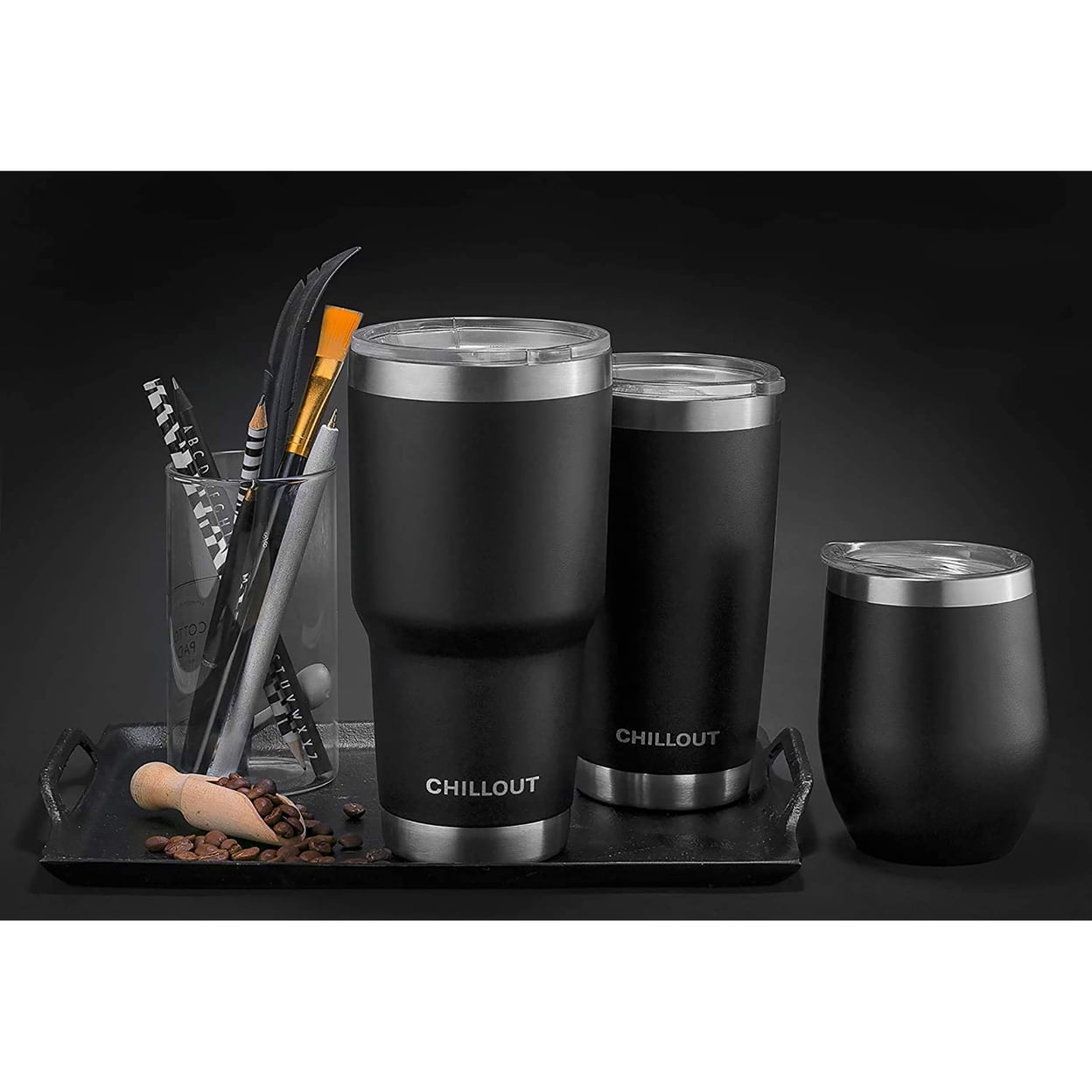 CHILLOUT LIFE Stainless Steel Travel Mug with Handle 40oz - 6 Piece Set.  Tumbler with Handle, Straw, Cleaning Brush & 2 Lids
