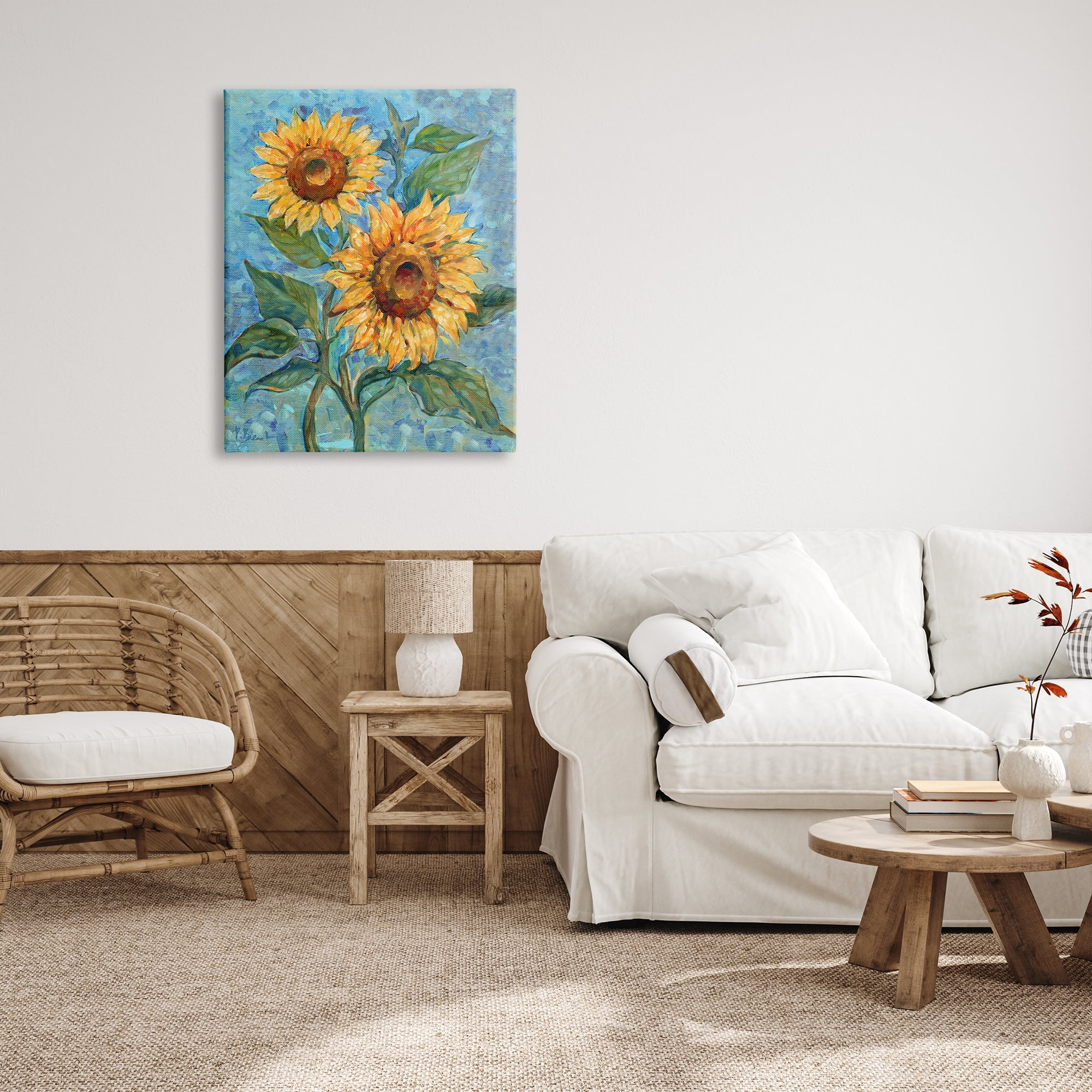 Stupell Industries Traditional Sunflowers on Blue Botanical & Floral Painting Gallery Wrapped Canvas Art Print Wall Art, 30 x 40