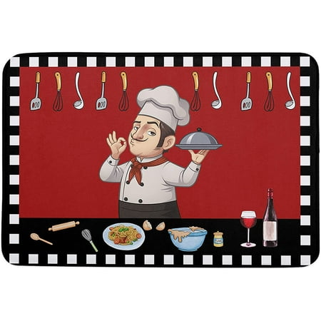 

Chef with Hat Indoor Door Mat Entryway Rug Anti-Skid Doormat Decorative Absorbent Washable Floor Mat for House Patio High Traffic Areas Decorch Kitchen Utensils and White Plaid 20x32 Inch