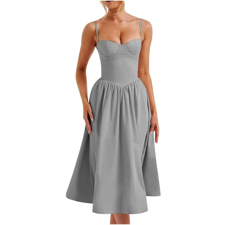 NXMZXB Corset Dress for Women Formal Spaghetti Strap Bustier Midi Dresses  Flowy Pleated Hem Low Cut Prom Sundress with Pockets Gray XXL - Walmart.com