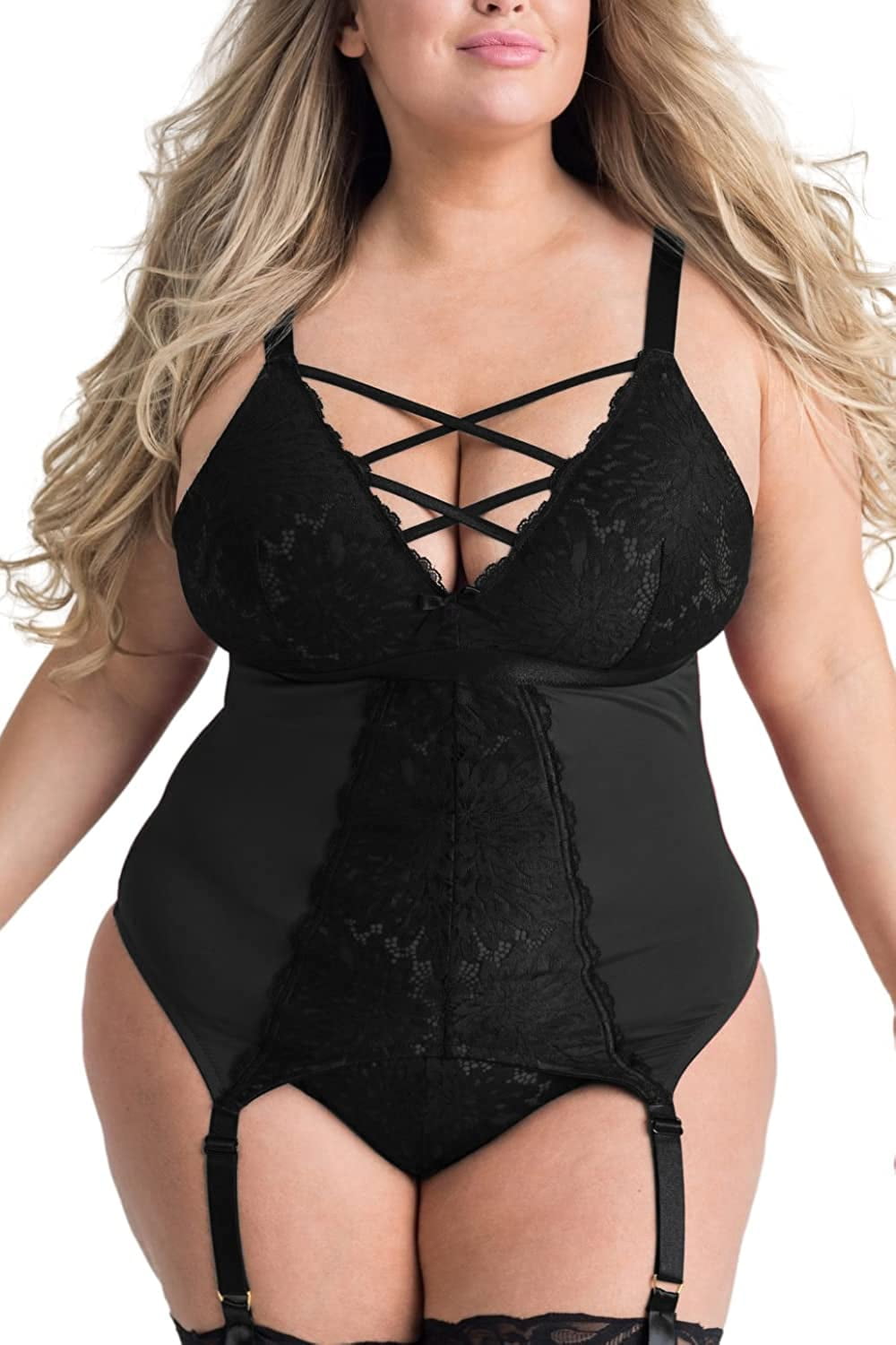 Black Floral Lace Lace Up Corset With Suspender And Thong