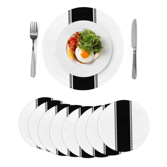 Round Woven Placemats set of 8, Black Farmhouse Striped Washable&Heat Resistant Plastic Wipeable Placemats for Round Table White Kitchen Dining Table Decor, 15in,