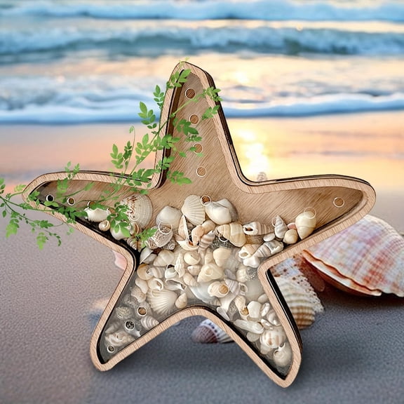 Sea Shell Display Box Wooden Starfish Holder with Acrylic Panel Storage Box for Mini Shells Sea Glass Small Starfish Shark Tooth Seashell Collection Box Home Decor Birthday Present