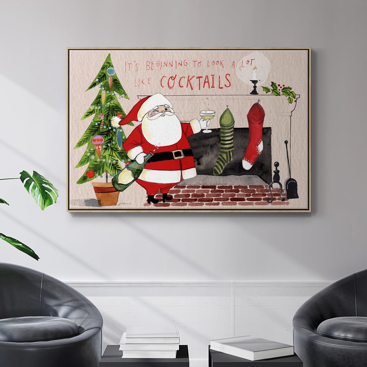 Get Blitzened Collection A - Framed Gallery Wrapped Holiday Canvas - 17 x 25 - Natural Wood Frame