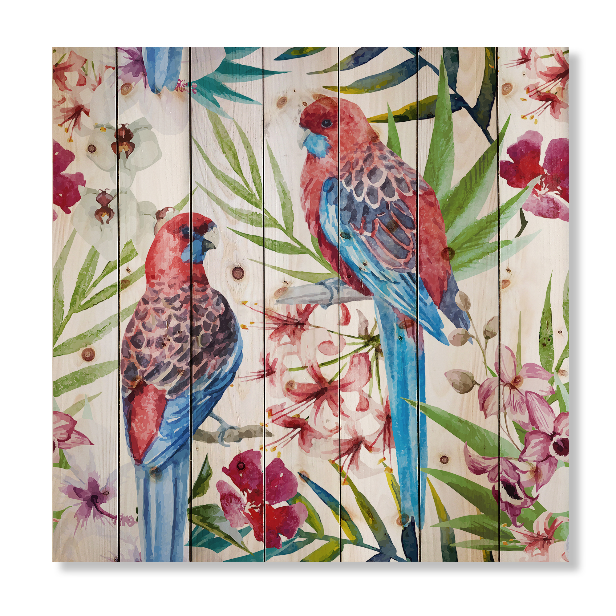 Designart 'Rosella Birds Sitting On Flowers Tree Branch' Traditional Print on Natural Pine Wood