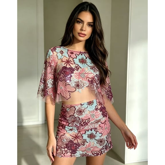 Women's Floral Embroidered Crop Top and Mini Skirt Set, Sequin Party Two Piece Outfit