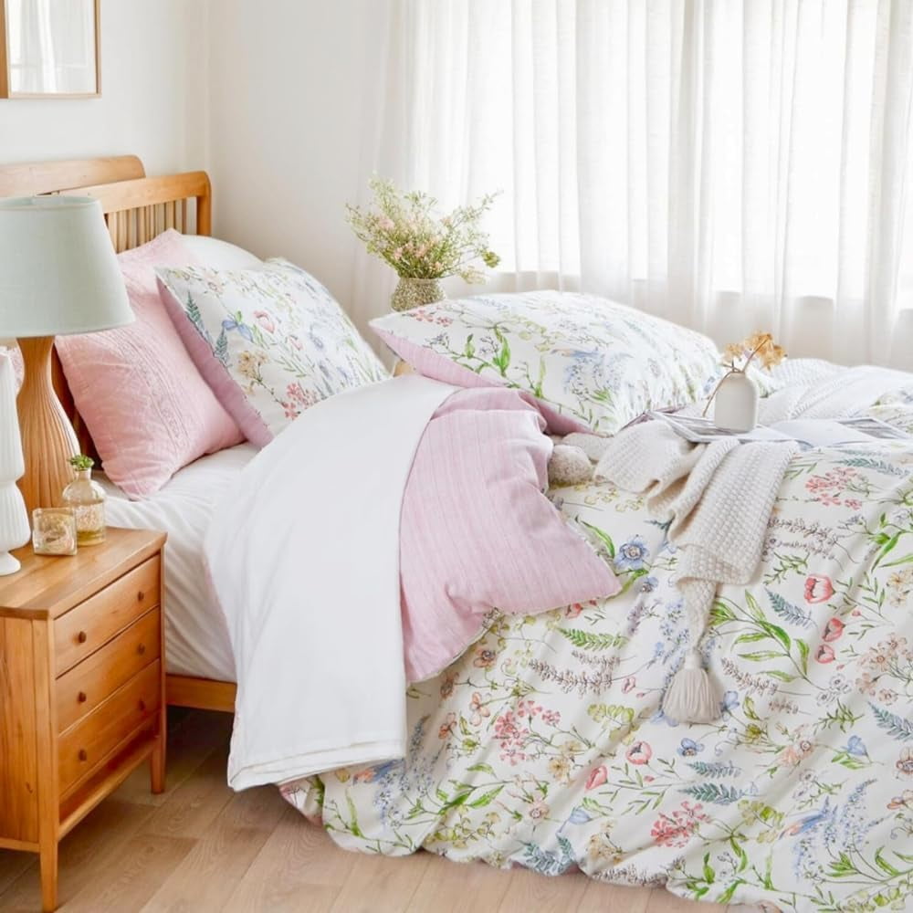 Nayoroom 100% Organic Cotton Duvet Cover Set, 3 Pieces Colorful Flowers White Duvet Cover Reversible Soft Bedding Set Queen