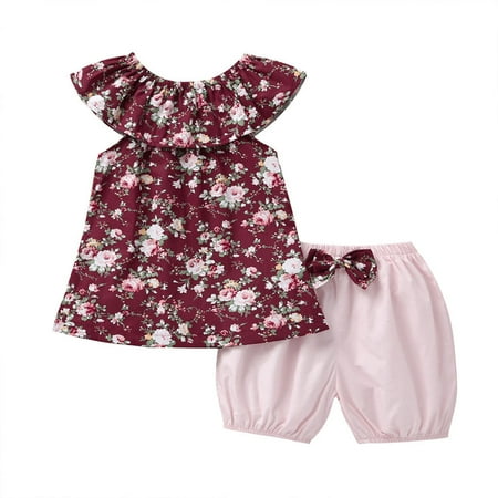 

Toddler Kids Girl Floral Sleeveless Tops+Bow Shorts Pants Outfits Clothes Set