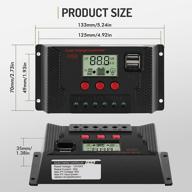 Controlador de carga 20A Regulador de carga del panel solar Identificación automática 12V / 24V con pantalla LCD y puerto USB de 5V