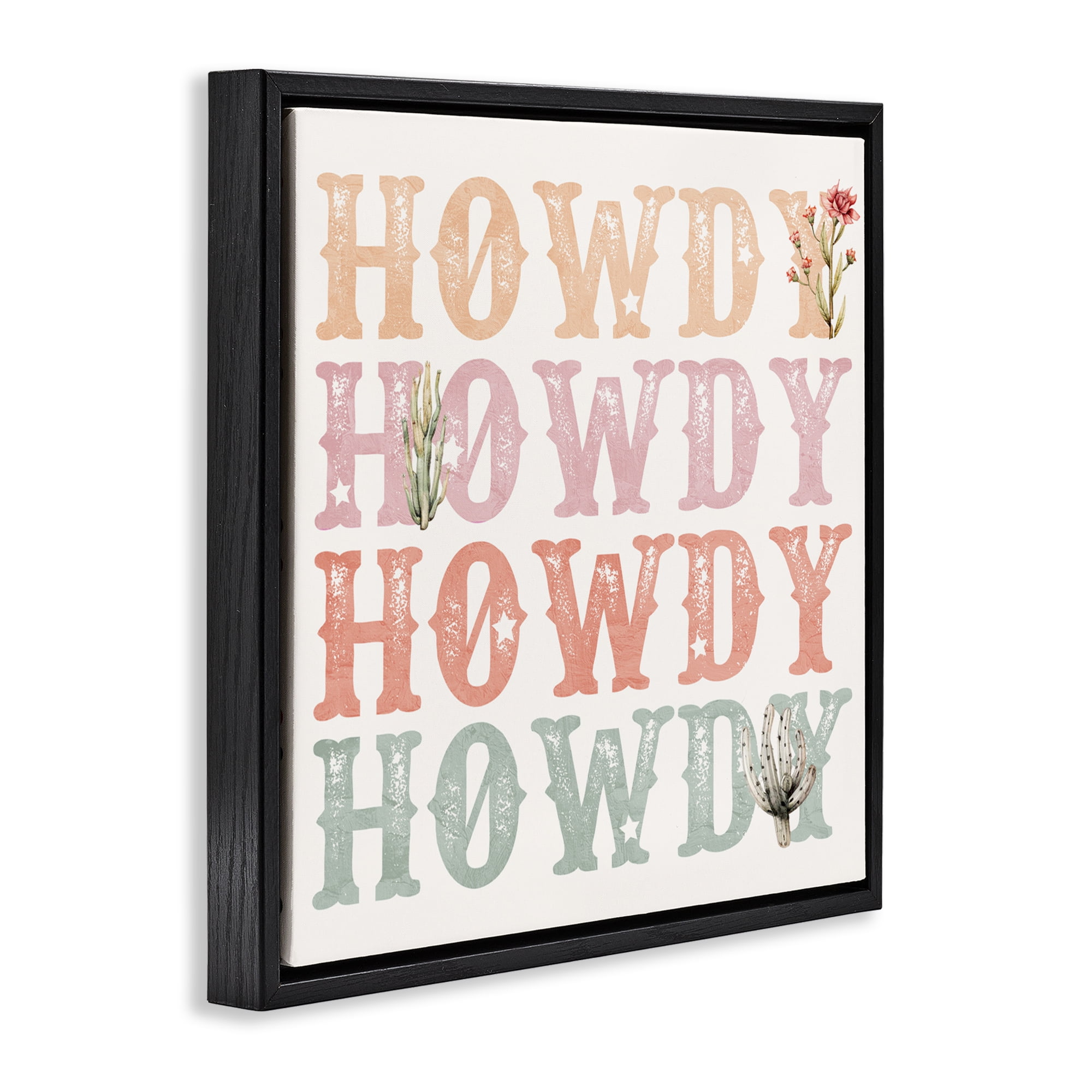 Vintage Howdy Rainbow Text Black Framed Floater Canvas Wall Art, design by Kim Allen