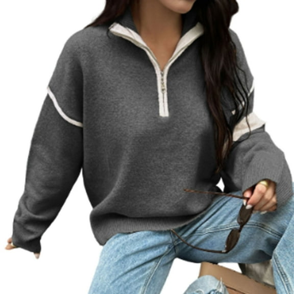 Womens Half Zip Sweaters Drop Shoulder Long Sleeve Constrast Trim Knit Pullover Solid Dressy Casual Collar Jumper Top