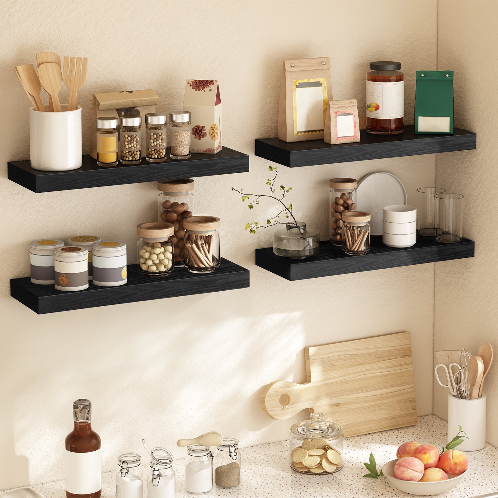 Fairy 15.8in Floating Shelves, Set of 6 Wood Shelves, Farmhouse Shelf Wall Decor, Black