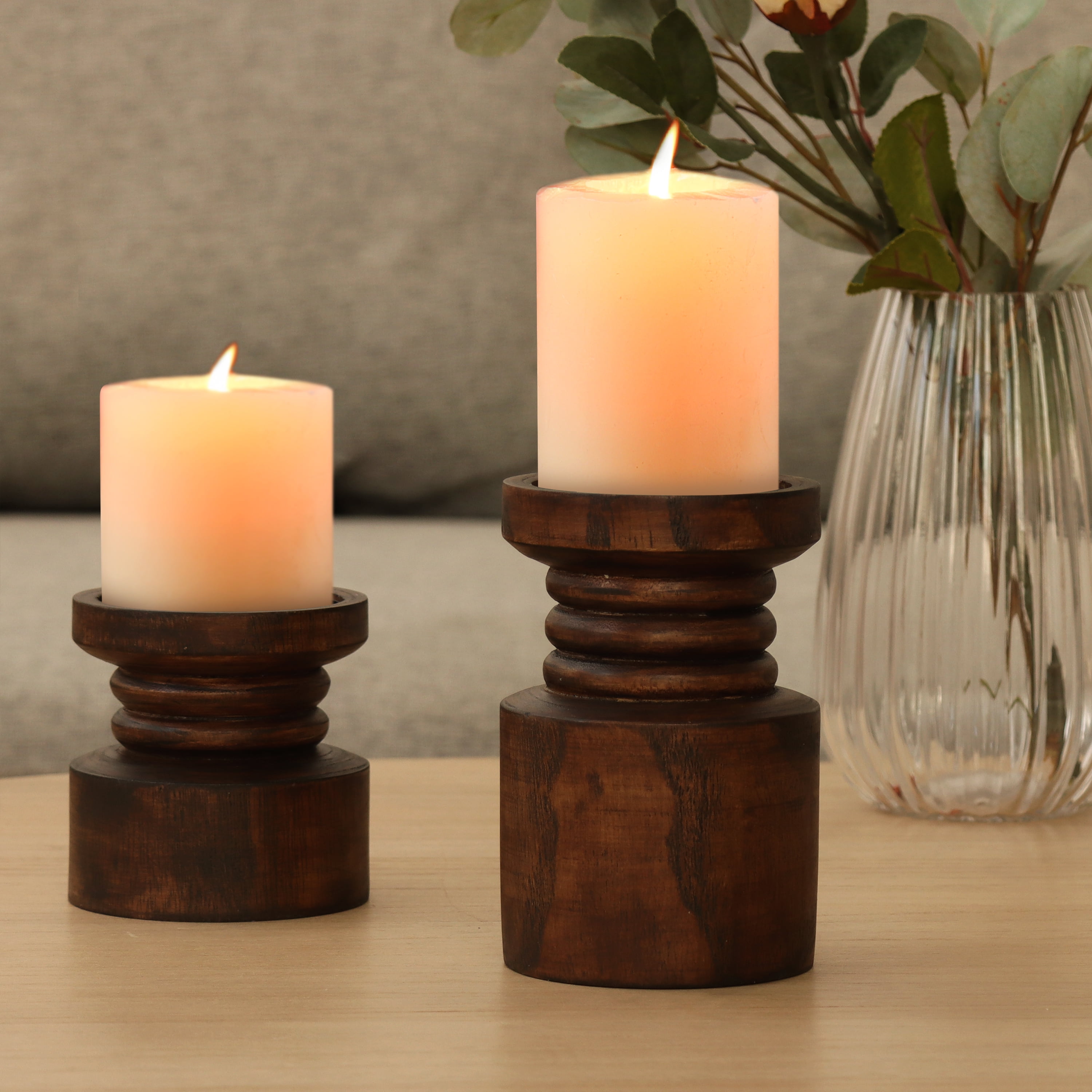 Mainstays Decorative Wood Pillar Candleholder, Dark Brown, 6"