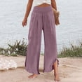 thumbnail image 7 of Wide Leg Linen Pants for Women Cropped Elastic Waist Ruffle Hem Beach Flowy Pants with Pockets Womens Spring Pant Dark Purple 2XL, 7 of 7