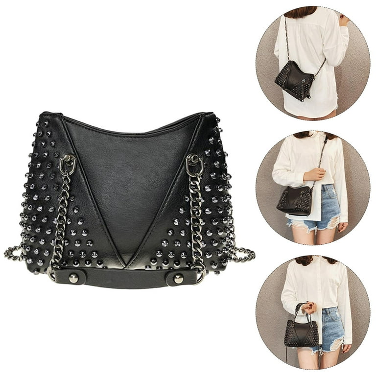 Nuolux Bag Shoulder Crossbody Purse Leather Rivet Bags Black Handbag Clutch Chain Studded Punk Tote Bling Rivets Mini PU, Kids Unisex, Size: 18.5X15CM