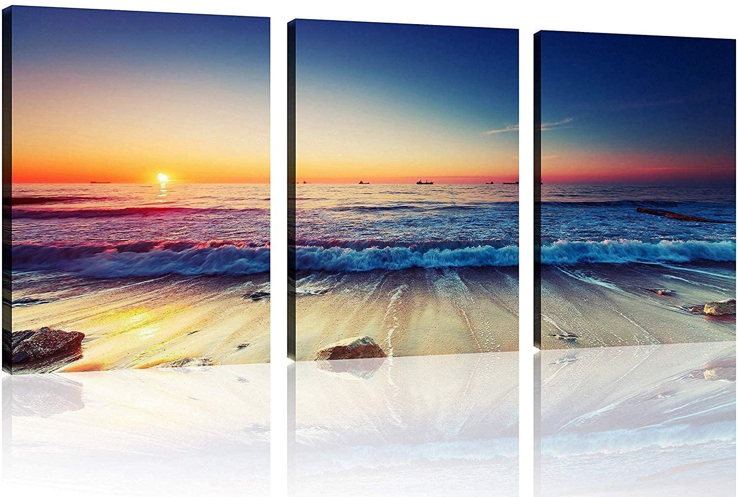 SUNSET BEACH Wall Art Picture Purple Cream Sea Canvas Print Split Panel SET 1 