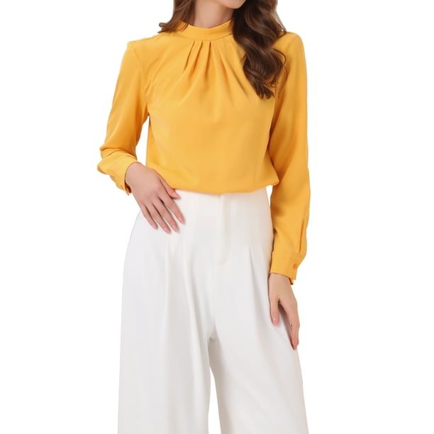 BLUSA DE CHIFFON CON CUELLO ALTO INSPIRADA EN CHIC OTOÑO INVIERNO PARA MUJER, CAMISA DE TRABAJO CASUAL DE LARGA MANGA XL AMARILLA