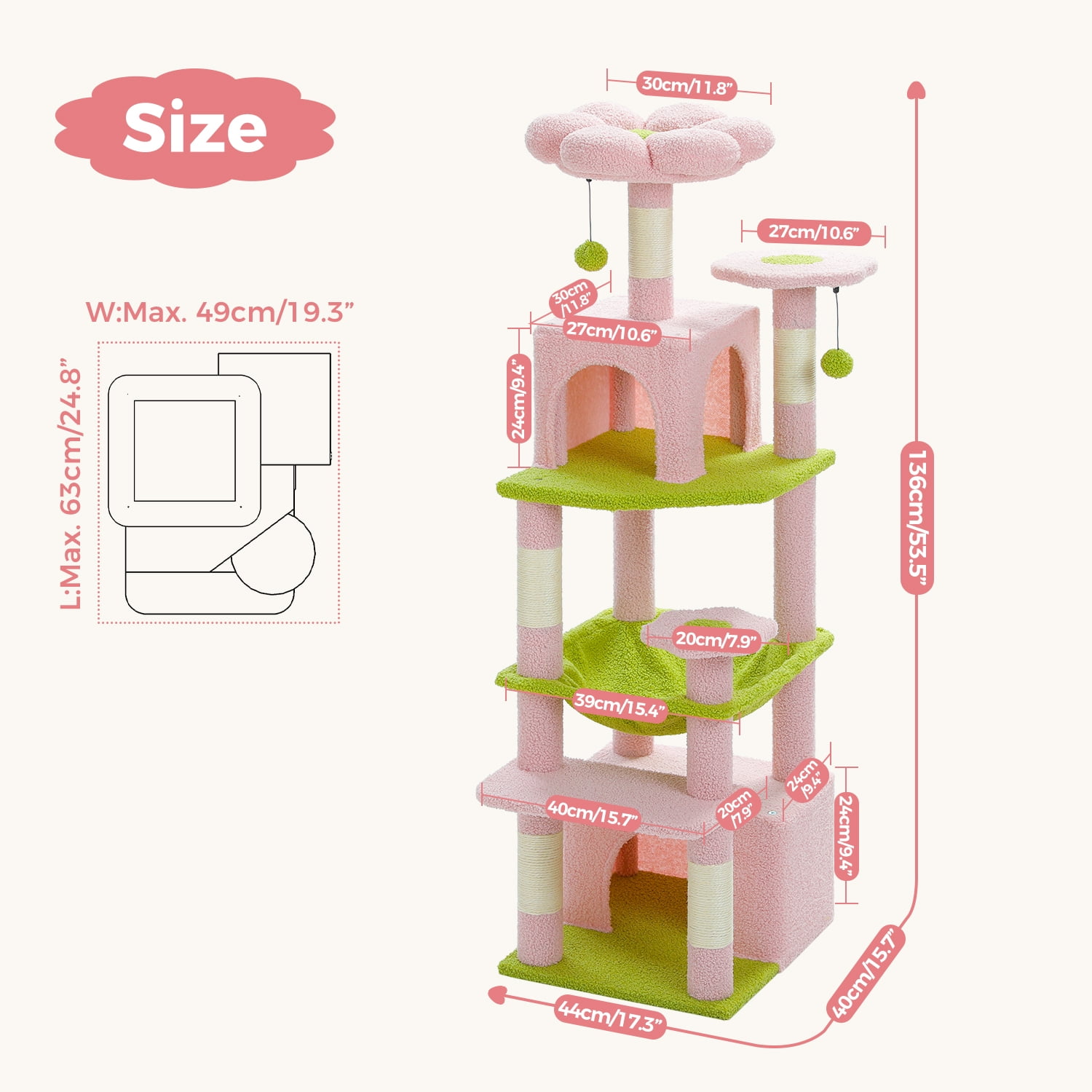 Pefilos 53" Tall Cat Tree Tower with Spacious Hammocks, Condos and Scratching Posts, Cat House with Dual Padded Perches for Indoor Large Cats, Pink