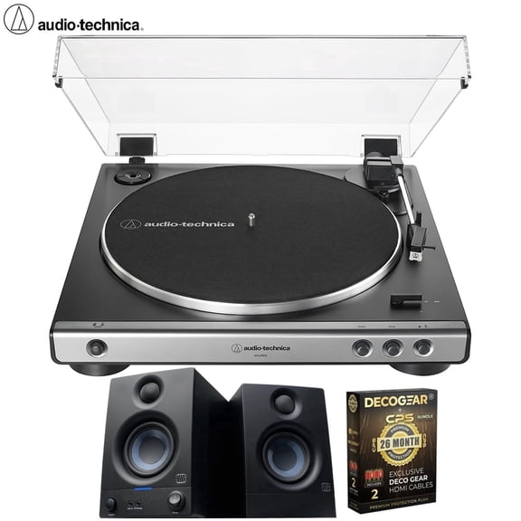 Audio-Technica AT-LP60X-GM Fully Automatic Belt-Drive Turntable 33-1/3 & 45 RPM Gunmetal/Black Bundle with PreSonus Studio Monitors Pair and CPS Exclusive 26 Month Protection Pack