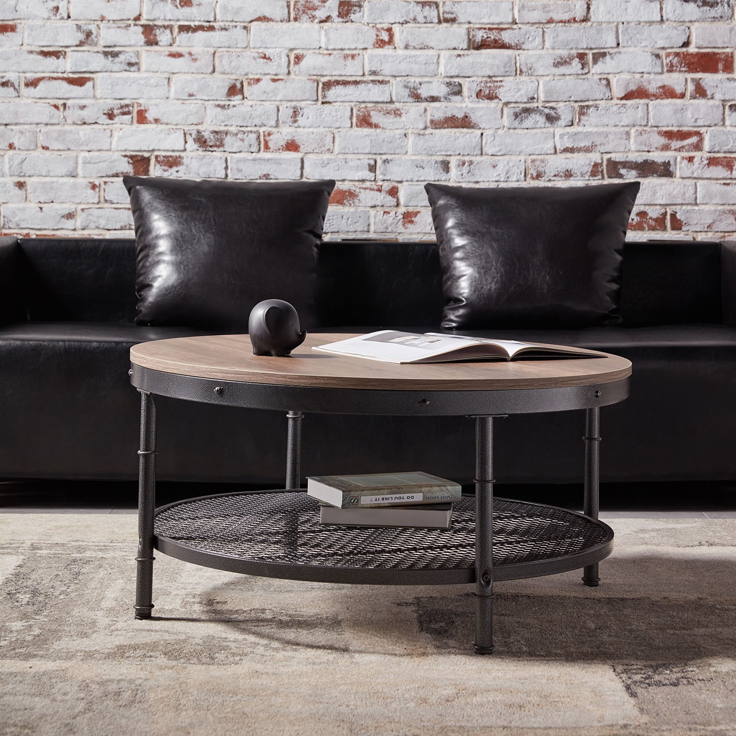 Kadyn 2-Tier Round Coffee Table, Particle Board Coffee Table with 3D Texture Metal Frame and Mesh, Modern Round Coffee Table for Living Room, Walnut Kadyn 2-Tier Round Coffee Table, Particle Board Coffee Table with 3D Texture Metal Frame and Mesh, Modern Round Coffee Table for Living Room, Walnut
