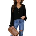 thumbnail image 1 of Cuello en V Botón Suéter de Manga Larga de Gran Tamaño de Punto Flojo Ocasional Pullover Jumper Top para Las Mujeres Negro S, 1 of 8