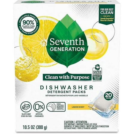 Seventh Generation Dishwasher Detergent Pods, Lemon Scent, Blasts Away Stuck-On Food, 20 Pods