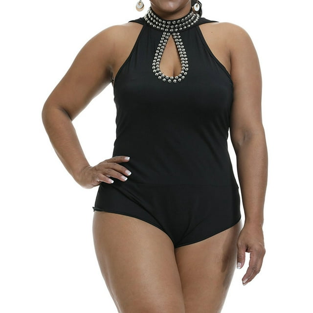 KVMeteor Femmes Grande Taille Sexy Conception de Perles Couleur Unie Sans Manches Combinaison