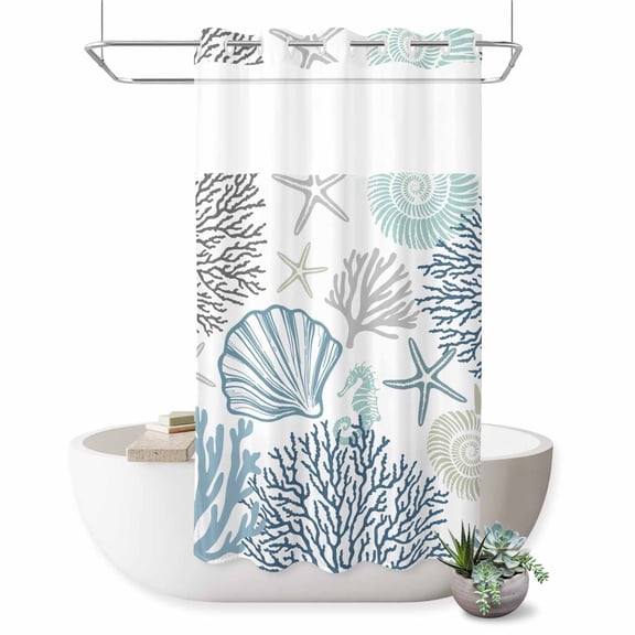 No Hook Shower Curtain for Bathroom, Blue Teal Coastal Waterproof Hotel Quality Shower Curtains, Summer Beach Coral Shell Starfish Single Layer & Mesh Top Washable Fabric Bath Curtain Decor 36''x72''