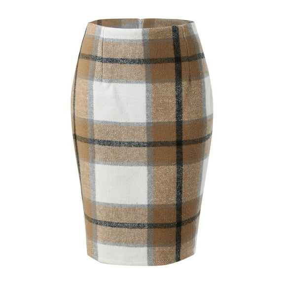 Arlun Plaid Midi Skirts for Women Fall Winter Knee Length Zipper Pencil Wool Skirt with Slit Soft Comfort Warm and Stylish Business Casual Work Skirts Khaki XL