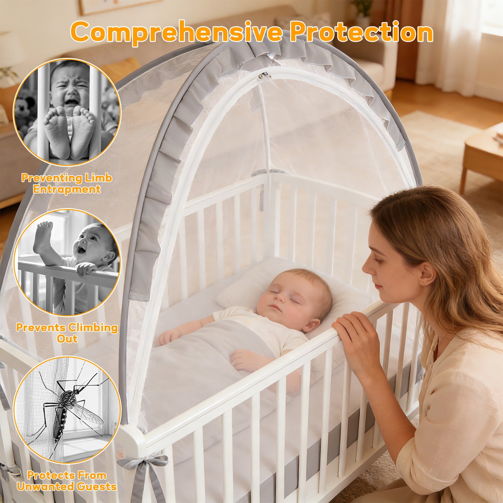 Baby Crib Tent, Pop Up Mosquito Crib Net with Double Zipper Self-Locked,1200 Holes/Inch Mesh to Keep Baby from Climbing Out, Portable Easy Install Mosquito Net 51.18" L x 27.56" W x 51.18" H