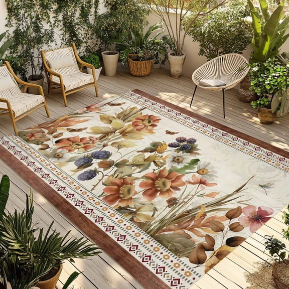 Vintage Floral Outdoor Rug for Patio/Deck/Porch, Non-Slip Large Area Rug 4 x 6 Ft, Elegant Pastoral Botanical Retro Art Indoor Outdoor Rugs Washable Area Rugs, Reversible Camping Rug Carpet Runner